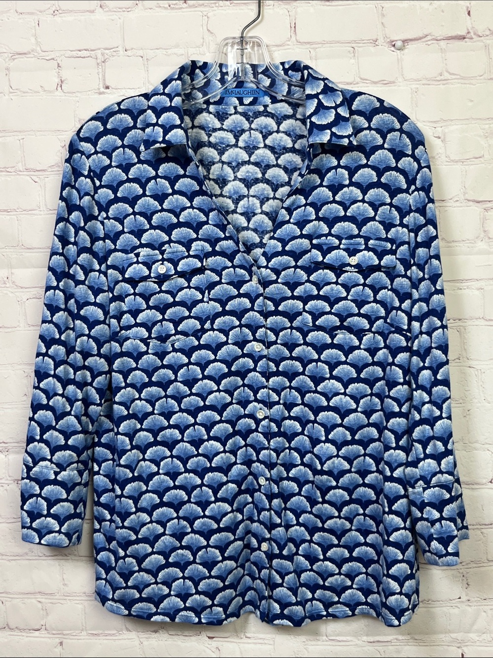 J. McLaughlin Linen Blend Gingko Leave Print Collared Top Size Large
